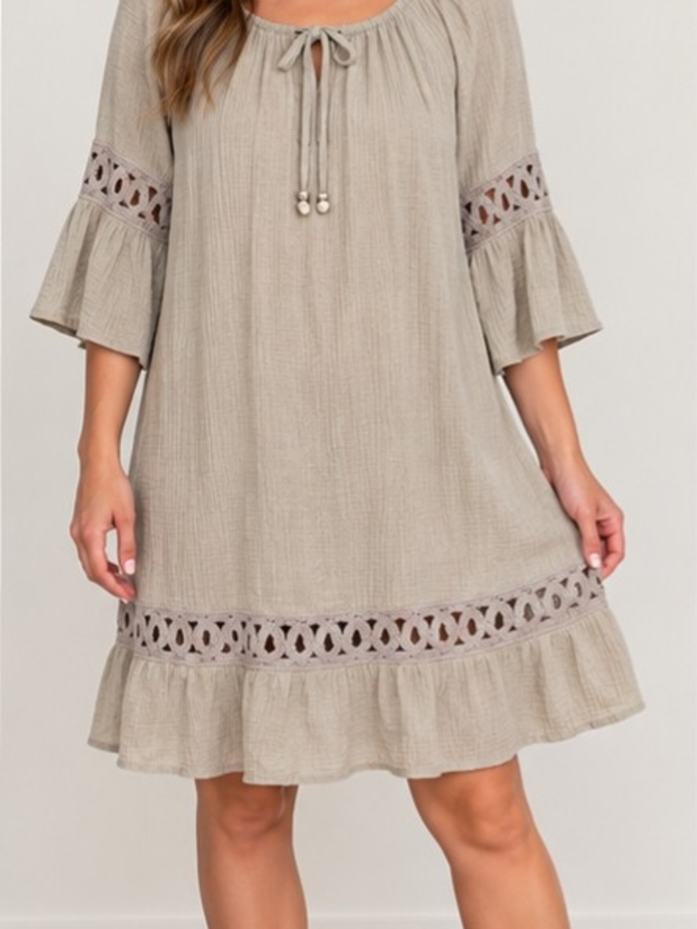 Mlle Gabrielle Taupe Lace-Trim Mini Dress